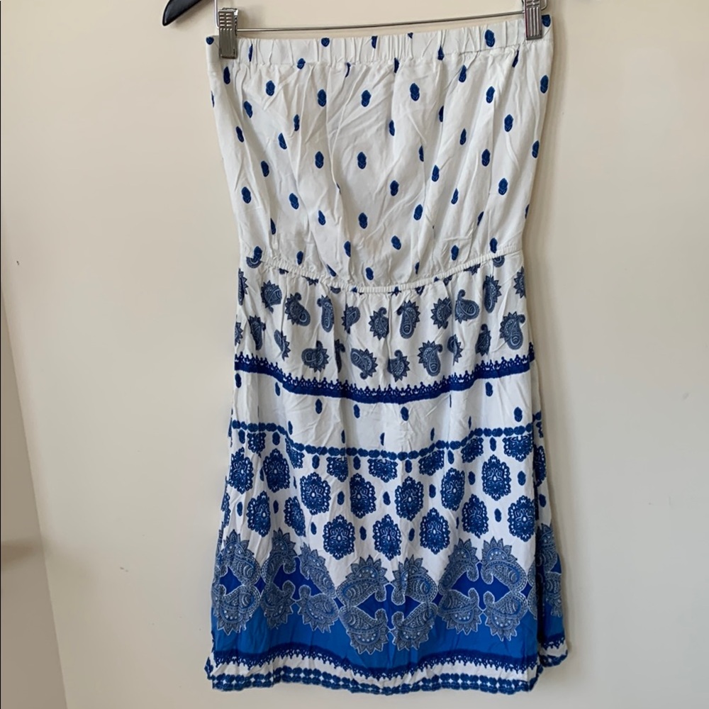 Old Navy Blue and White Flowy Tube Strapless Dress women’s SZ M